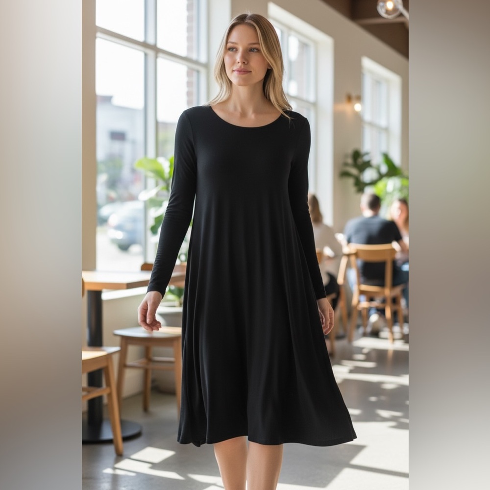 EILEEN FISHER Brown Viscose Jersey Shift Dress Size Medium Long Sleeve
